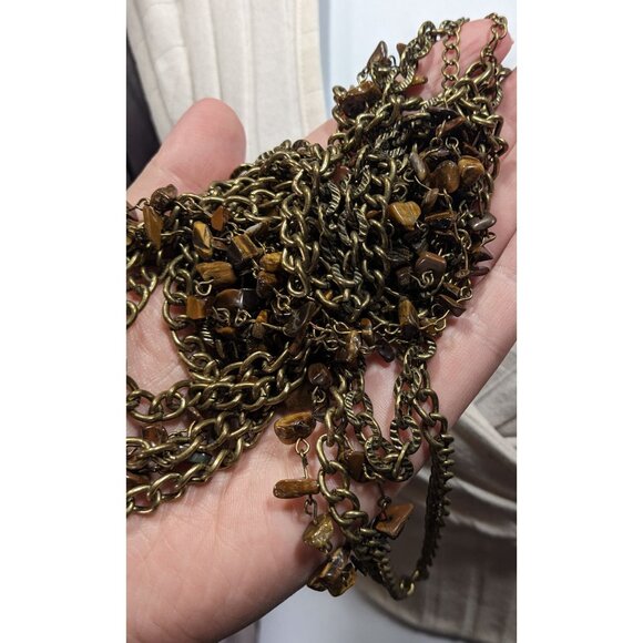 Multilayer Tiger Eye Chip Antiqued Gold Tone Chain Necklace - Picture 4 of 8